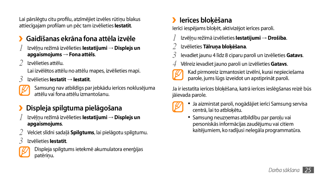 Samsung GT-S5750PWESEB manual ››Gaidīšanas ekrāna fona attēla izvēle, ››Displeja spilgtuma pielāgošana, ››Ierīces bloķēšana 