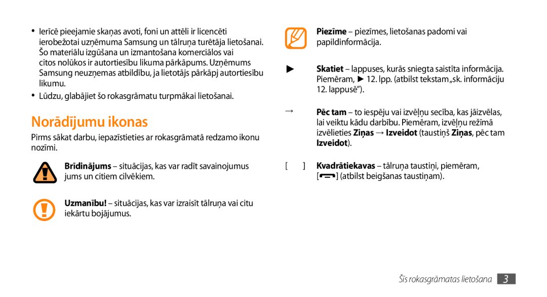 Samsung GT-S5750HKESEB, GT-S5750PWESEB, GT-S5750TIESEB manual Norādījumu ikonas, Atbilst beigšanas taustiņam 