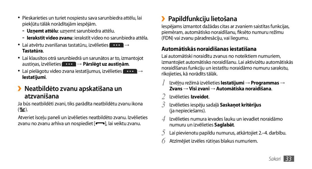 Samsung GT-S5750HKESEB, GT-S5750PWESEB manual ››Neatbildēto zvanu apskatīšana un atzvanīšana, ››Papildfunkciju lietošana 