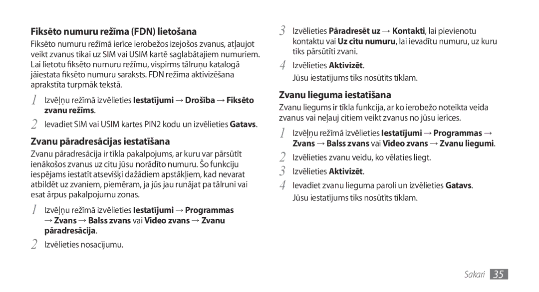 Samsung GT-S5750TIESEB Fiksēto numuru režīma FDN lietošana, Zvanu pāradresācijas iestatīšana, Zvanu lieguma iestatīšana 