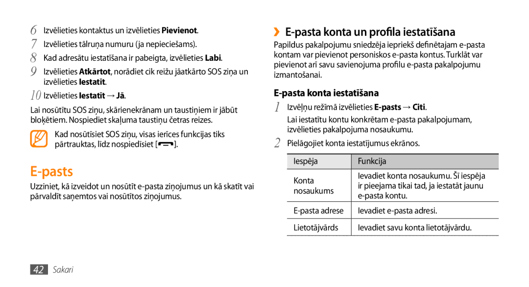 Samsung GT-S5750HKESEB, GT-S5750PWESEB manual Pasts, ››E-pasta konta un profila iestatīšana, Pasta konta iestatīšana 