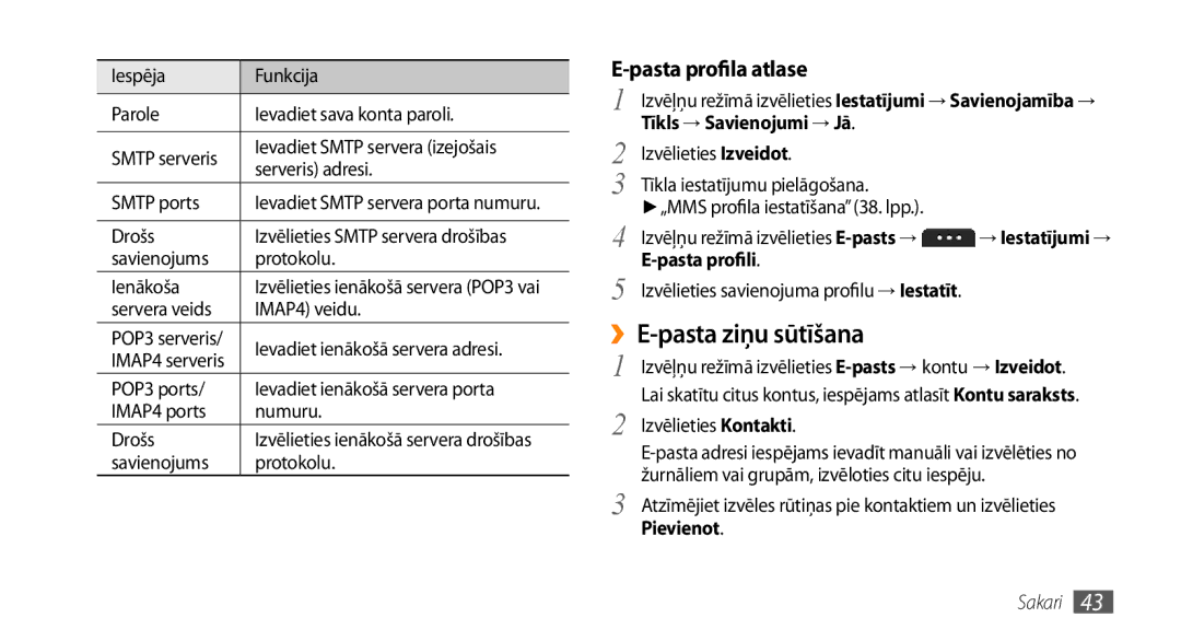 Samsung GT-S5750PWESEB, GT-S5750HKESEB, GT-S5750TIESEB manual ››E-pasta ziņu sūtīšana, Pasta profila atlase, Pasta profili 