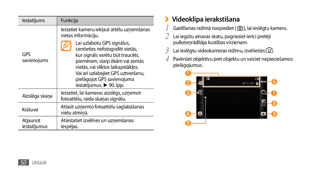 Samsung GT-S5750TIESEB, GT-S5750HKESEB, GT-S5750PWESEB manual ››Videoklipa ierakstīšana 