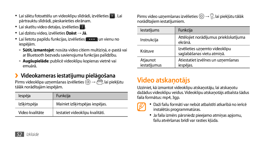 Samsung GT-S5750PWESEB, GT-S5750HKESEB, GT-S5750TIESEB manual Video atskaņotājs, ››Videokameras iestatījumu pielāgošana 