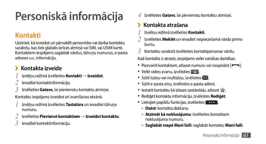 Samsung GT-S5750PWESEB, GT-S5750HKESEB manual Kontakti, ››Kontakta izveide, ››Kontakta atrašana, Personiskā informācija 