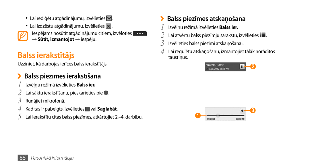 Samsung GT-S5750HKESEB, GT-S5750PWESEB Balss ierakstītājs, ››Balss piezīmes atskaņošana, ››Balss piezīmes ierakstīšana 
