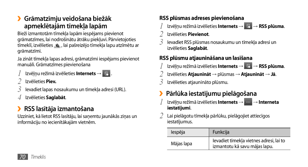 Samsung GT-S5750PWESEB ››RSS lasītāja izmantošana, ››Pārlūka iestatījumu pielāgošana, RSS plūsmas adreses pievienošana 