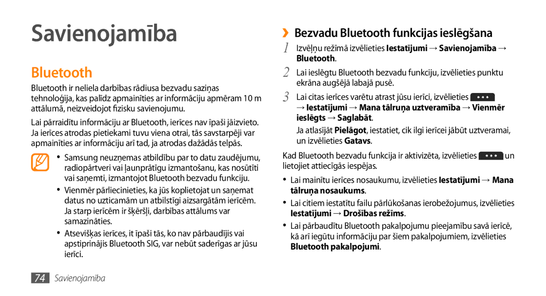 Samsung GT-S5750TIESEB, GT-S5750HKESEB Savienojamība, ››Bezvadu Bluetooth funkcijas ieslēgšana, Ieslēgts → Saglabāt 