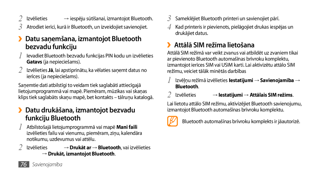 Samsung GT-S5750PWESEB, GT-S5750HKESEB manual Bezvadu funkciju, ››Datu drukāšana, izmantojot bezvadu funkciju Bluetooth 