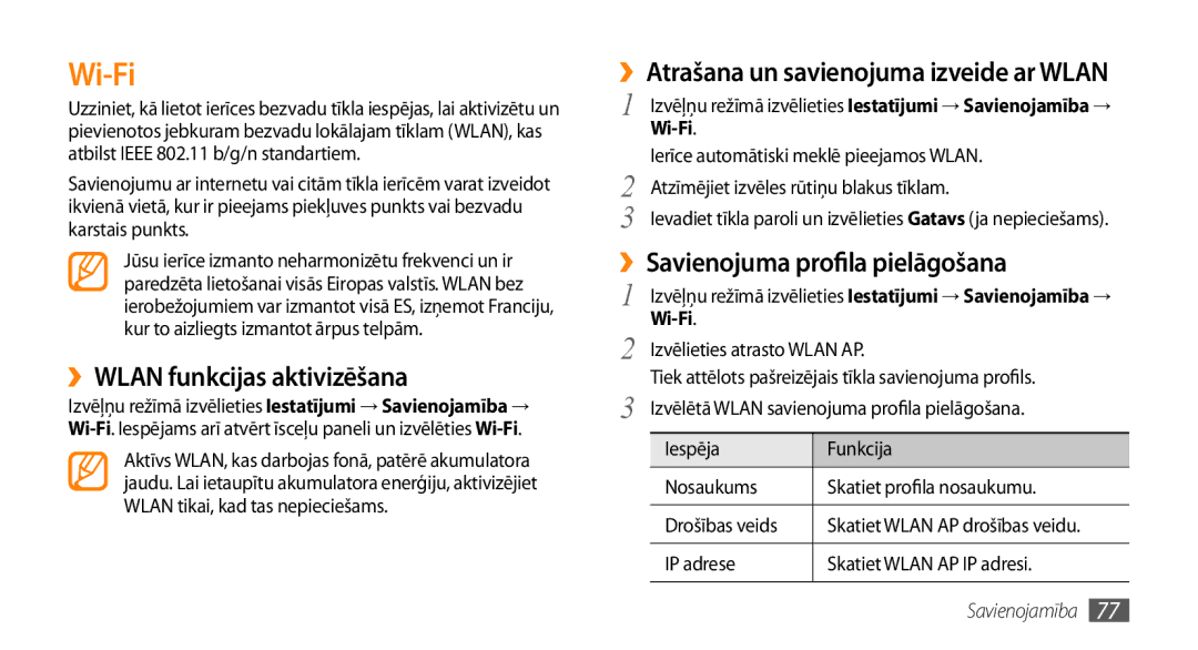 Samsung GT-S5750TIESEB, GT-S5750HKESEB Wi-Fi, ››WLAN funkcijas aktivizēšana, ››Atrašana un savienojuma izveide ar Wlan 