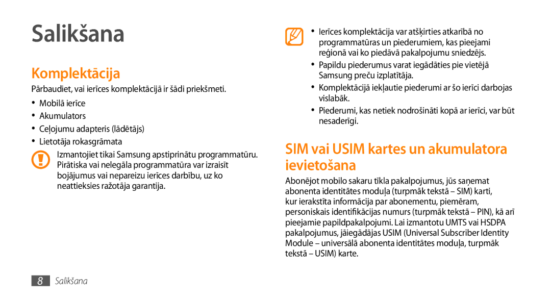 Samsung GT-S5750TIESEB, GT-S5750HKESEB manual Salikšana, Komplektācija, SIM vai Usim kartes un akumulatora ievietošana 