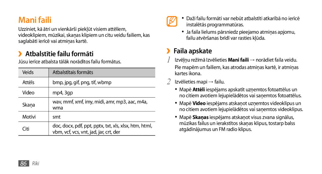 Samsung GT-S5750TIESEB, GT-S5750HKESEB manual Mani faili, ››Atbalstītie failu formāti, ››Faila apskate, Wma, 86 Rīki 