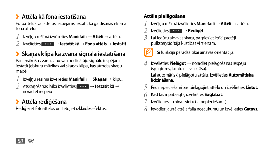 Samsung GT-S5750PWESEB manual ››Attēla kā fona iestatīšana, ››Attēla rediģēšana, Attēla pielāgošana, → Rediģēt, Līdzināšana 