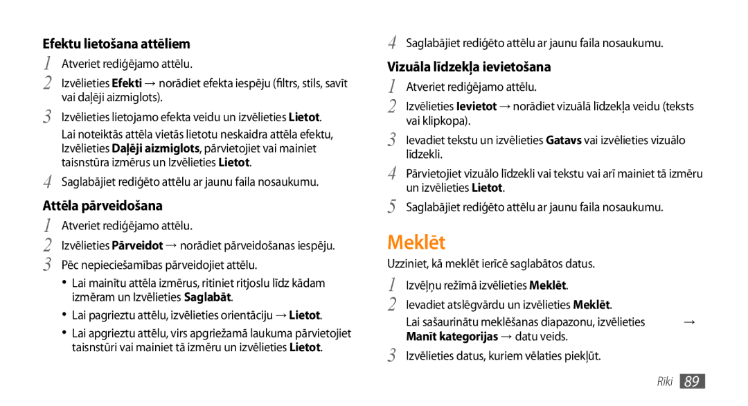 Samsung GT-S5750TIESEB manual Meklēt, Efektu lietošana attēliem, Attēla pārveidošana, Vizuāla līdzekļa ievietošana 