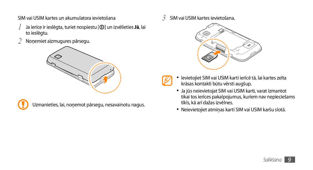 Samsung GT-S5750HKESEB, GT-S5750PWESEB, GT-S5750TIESEB manual SIM vai Usim kartes ievietošana 