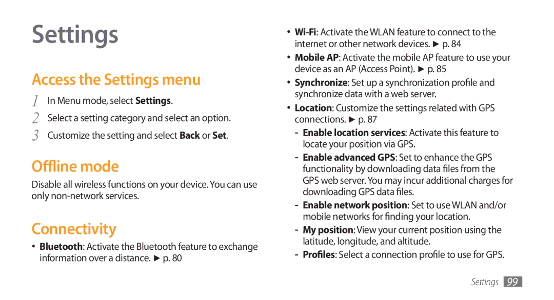 Samsung GT-S5753HKEXXV manual Access the Settings menu, Offline mode, Connectivity, Menu mode, select Settings 