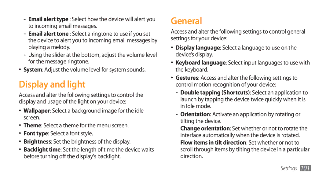 Samsung GT-S5753TIEXEV, GT-S5753TIEXXV, GT-S5753PWEXEV, GT-S5753PWEXXV, GT-S5753HKEXXV manual Display and light, General 