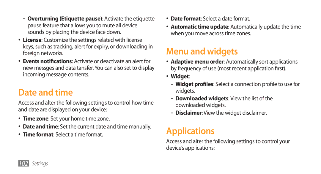 Samsung GT-S5753TIEXXV, GT-S5753TIEXEV, GT-S5753PWEXEV, GT-S5753PWEXXV Date and time, Menu and widgets, Applications, Widget 