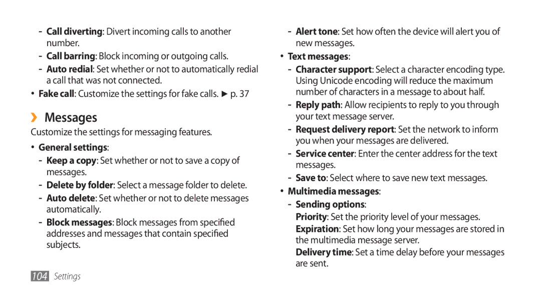 Samsung GT-S5753PWEXXV manual ›› Messages, Customize the settings for messaging features, General settings, Text messages 