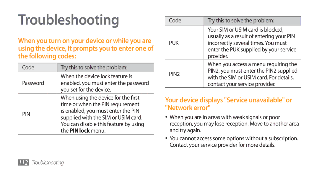 Samsung GT-S5753HKEXEV, GT-S5753TIEXEV, GT-S5753TIEXXV, GT-S5753PWEXEV, GT-S5753PWEXXV, GT-S5753HKEXXV manual Troubleshooting 