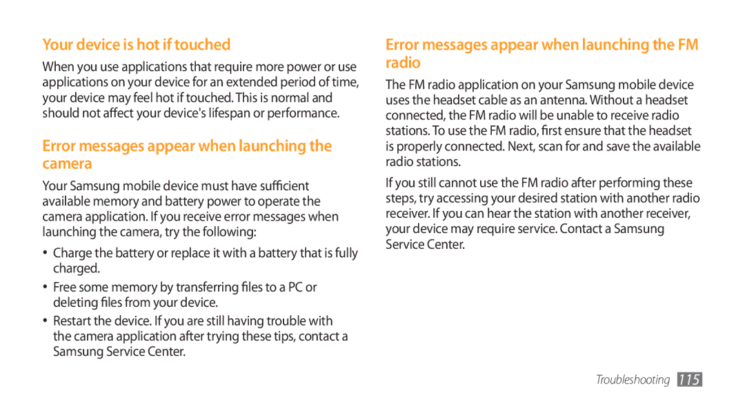 Samsung GT-S5753PWEXEV, GT-S5753TIEXEV, GT-S5753TIEXXV, GT-S5753PWEXXV, GT-S5753HKEXXV manual Your device is hot if touched 