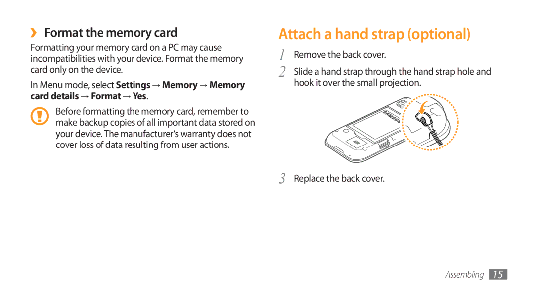 Samsung GT-S5753HKEXXV manual Attach a hand strap optional, ›› Format the memory card, Hook it over the small projection 