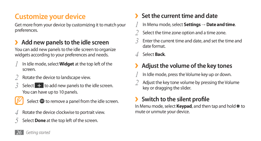 Samsung GT-S5753PWEXXV manual Customize your device, ›› Add new panels to the idle screen, ›› Set the current time and date 