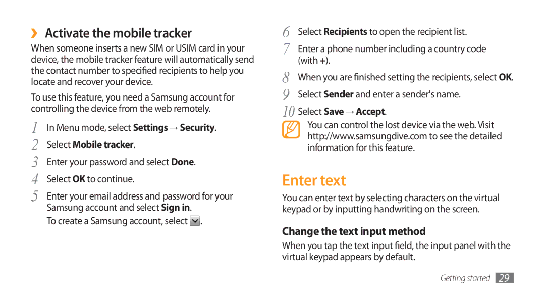 Samsung GT-S5753TIEXEV Enter text, ›› Activate the mobile tracker, Change the text input method, Select Mobile tracker 