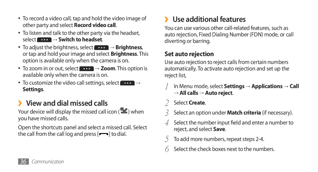 Samsung GT-S5753TIEXXV, GT-S5753TIEXEV manual ›› View and dial missed calls, ›› Use additional features, Set auto rejection 