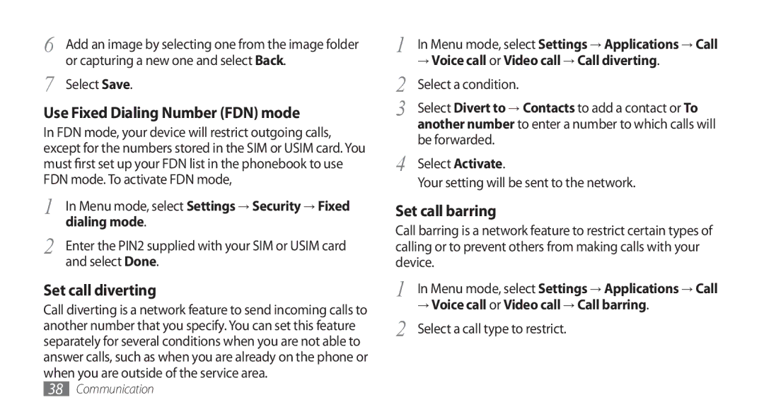 Samsung GT-S5753PWEXXV, GT-S5753TIEXEV manual Use Fixed Dialing Number FDN mode, Set call diverting, Set call barring 