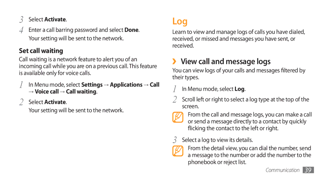 Samsung GT-S5753HKEXXV, GT-S5753TIEXEV Log, ›› View call and message logs, Set call waiting, → Voice call → Call waiting 