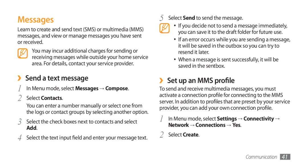 Samsung GT-S5753TIEXEV, GT-S5753TIEXXV, GT-S5753PWEXEV manual Messages, ›› Send a text message, ›› Set up an MMS profile 
