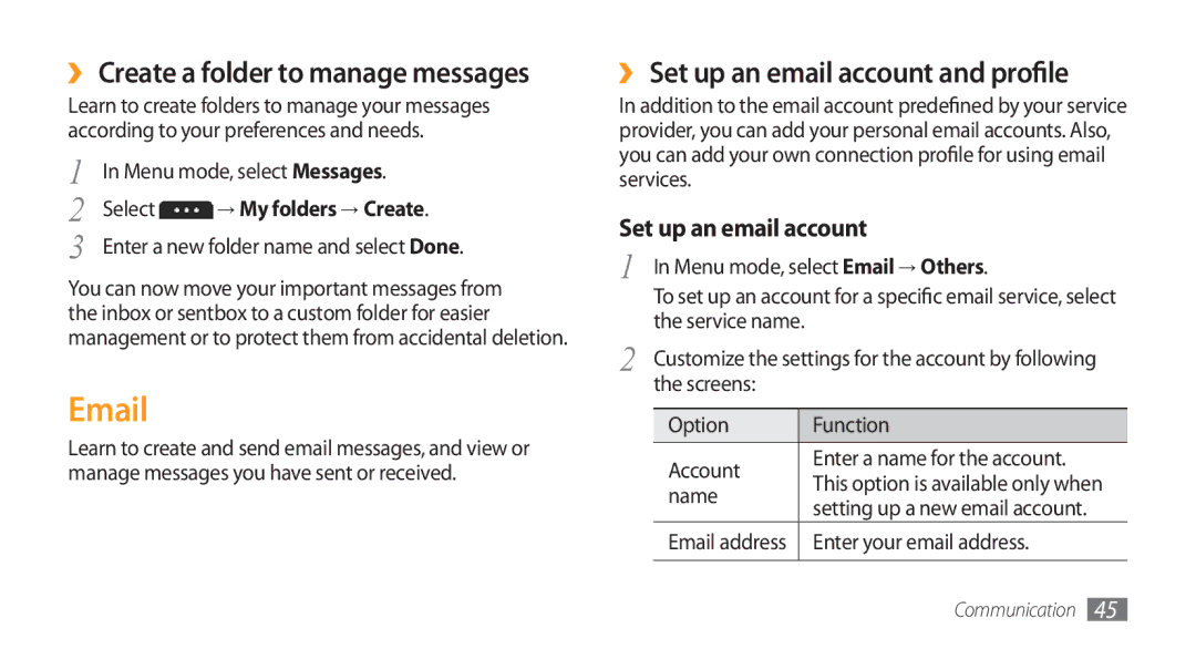 Samsung GT-S5753HKEXXV, GT-S5753TIEXEV, GT-S5753TIEXXV manual ›› Set up an email account and profile, → My folders → Create 
