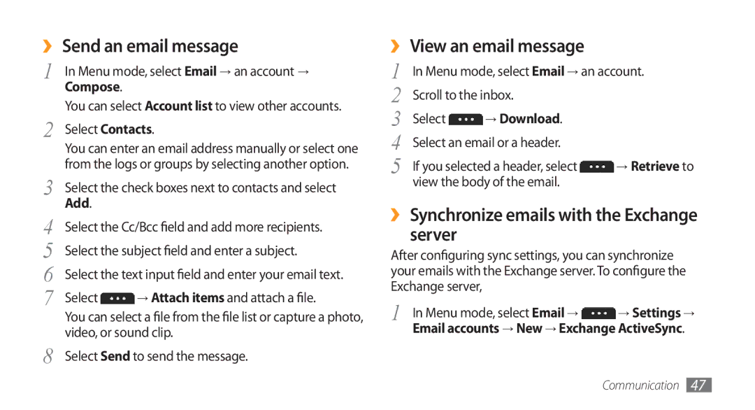 Samsung GT-S5753TIEXEV, GT-S5753TIEXXV ›› Send an email message, ›› View an email message, Server, Compose, → Download 