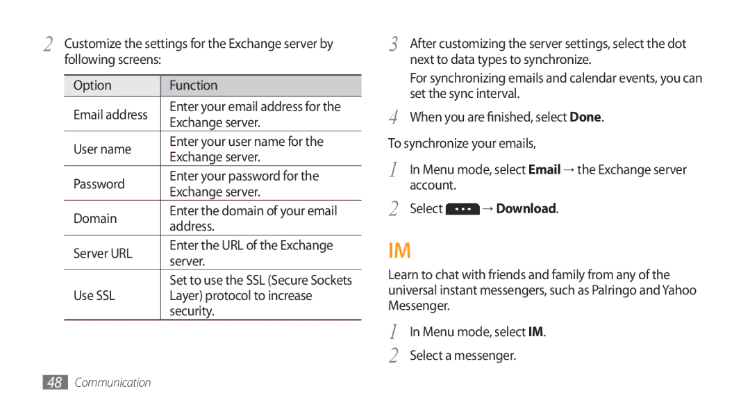 Samsung GT-S5753TIEXXV Exchange server, Server URL, Use SSL Layer protocol to increase Security, Set the sync interval 