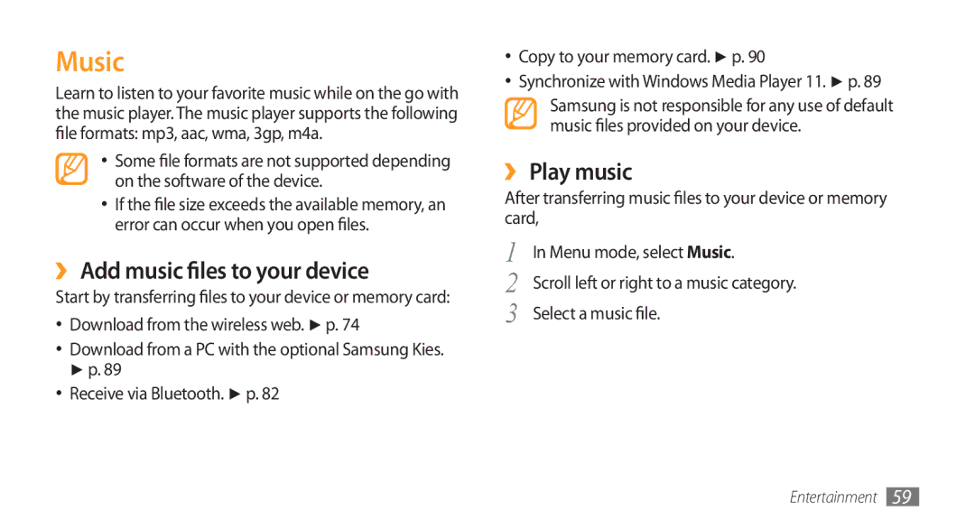 Samsung GT-S5753TIEXEV, GT-S5753TIEXXV manual Music, ›› Add music files to your device, ›› Play music, Select a music file 