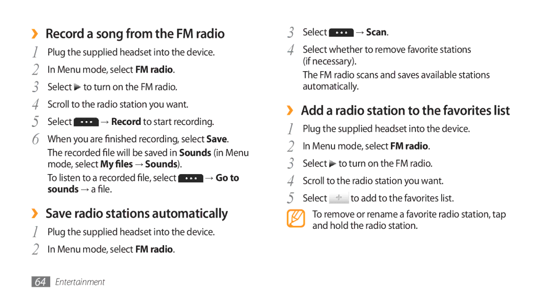 Samsung GT-S5753HKEXEV, GT-S5753TIEXEV manual ›› Record a song from the FM radio, ›› Save radio stations automatically 