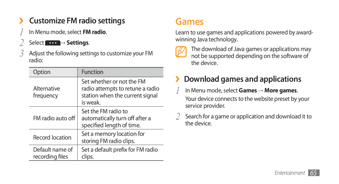 Samsung GT-S5753TIEXEV, GT-S5753TIEXXV manual Games, ›› Customize FM radio settings, ›› Download games and applications 