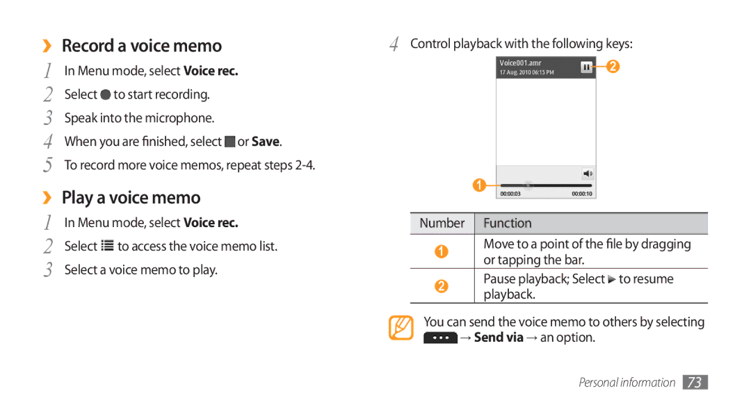 Samsung GT-S5753PWEXEV, GT-S5753TIEXEV, GT-S5753TIEXXV, GT-S5753PWEXXV manual ›› Record a voice memo, ›› Play a voice memo 