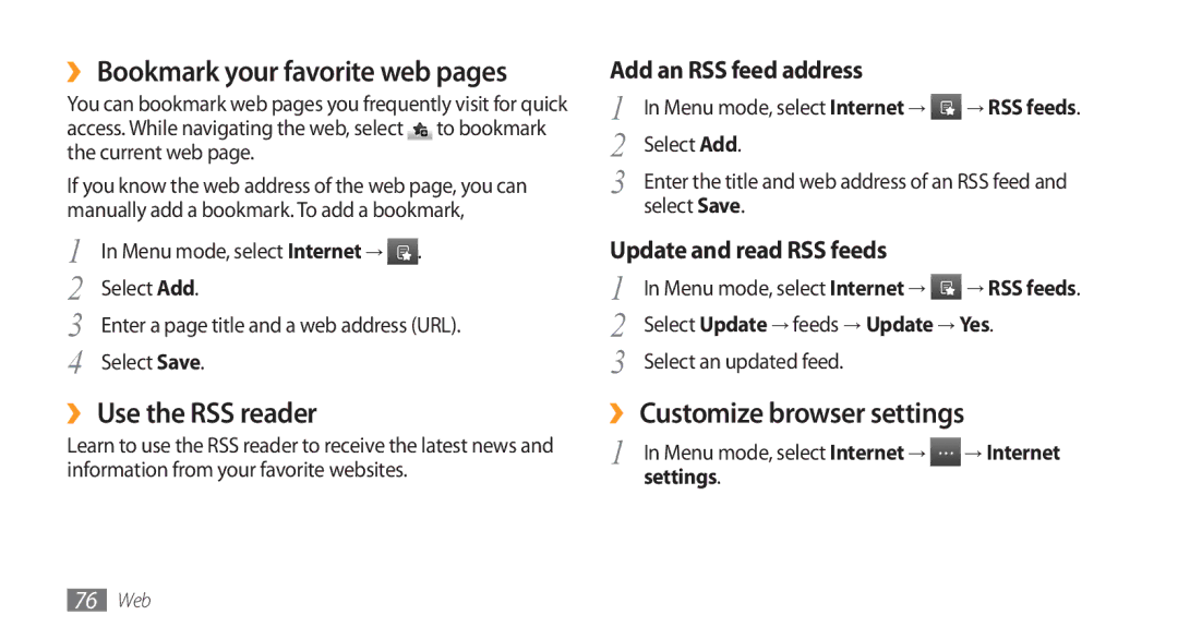 Samsung GT-S5753HKEXEV manual ›› Bookmark your favorite web pages, ›› Use the RSS reader, ›› Customize browser settings 