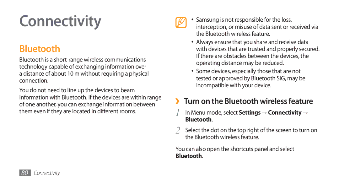 Samsung GT-S5753PWEXXV, GT-S5753TIEXEV manual Connectivity, You can also open the shortcuts panel and select Bluetooth 