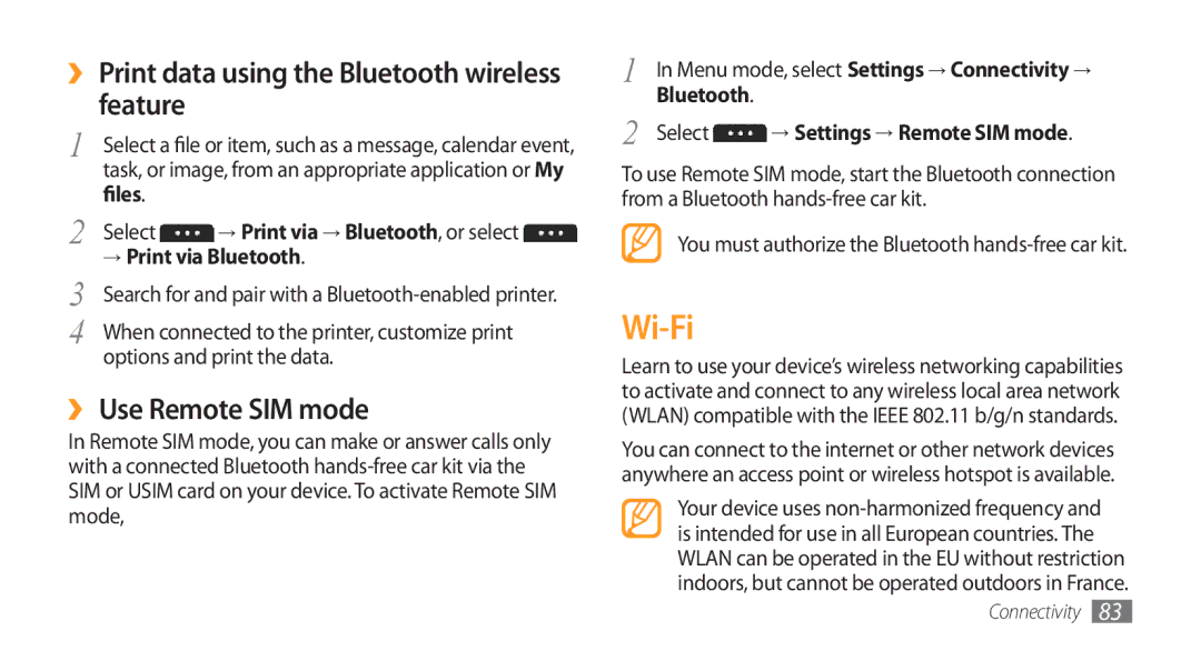 Samsung GT-S5753TIEXEV manual Wi-Fi, ›› Print data using the Bluetooth wireless feature, ›› Use Remote SIM mode, Files 