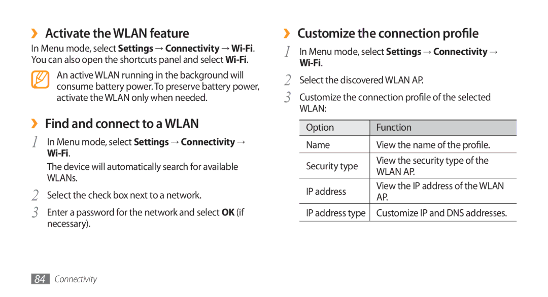 Samsung GT-S5753TIEXXV ›› Activate the Wlan feature, ›› Find and connect to a Wlan, ›› Customize the connection profile 