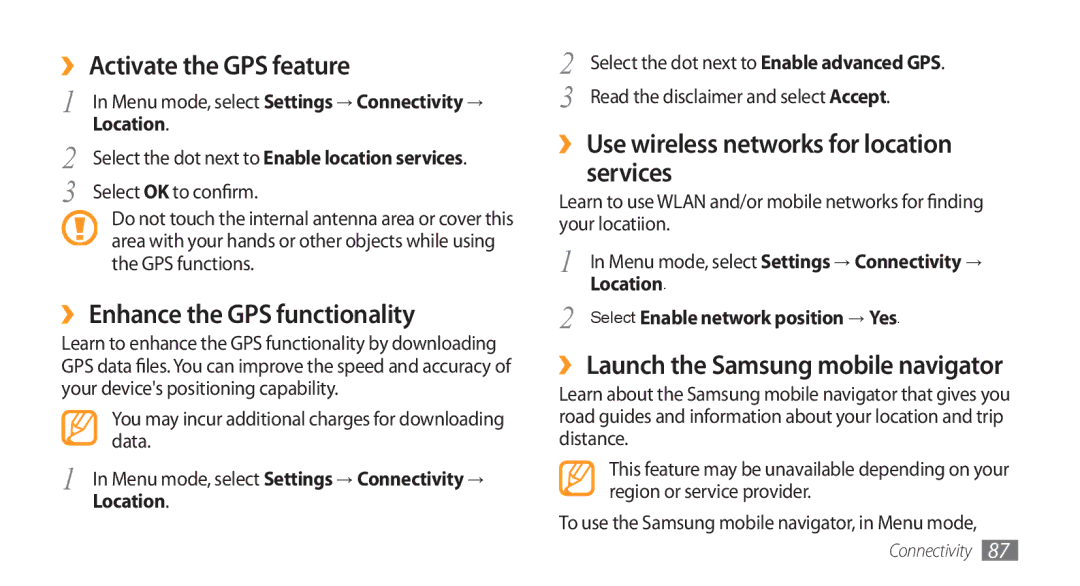 Samsung GT-S5753HKEXXV, GT-S5753TIEXEV manual ›› Activate the GPS feature, ›› Enhance the GPS functionality, Location 