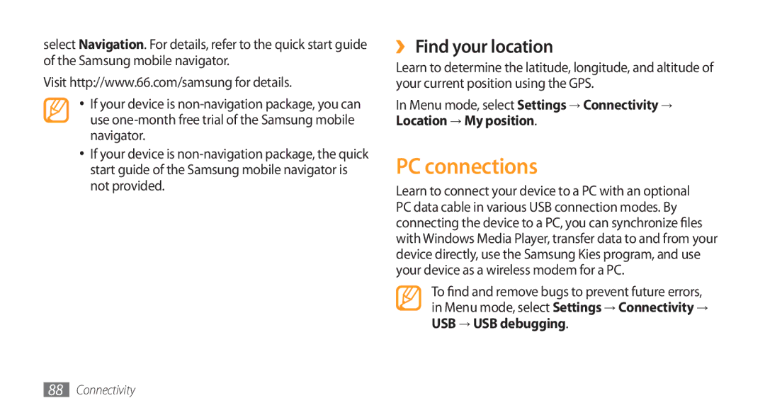 Samsung GT-S5753HKEXEV, GT-S5753TIEXEV, GT-S5753TIEXXV, GT-S5753PWEXEV, GT-S5753PWEXXV PC connections, ›› Find your location 