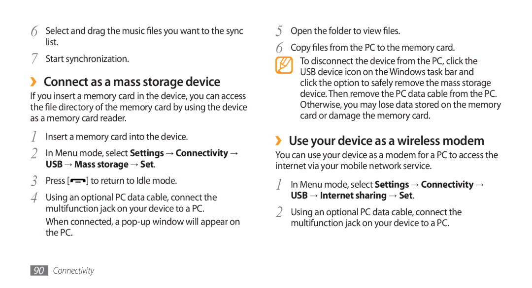 Samsung GT-S5753TIEXXV, GT-S5753TIEXEV manual ›› Connect as a mass storage device, ›› Use your device as a wireless modem 