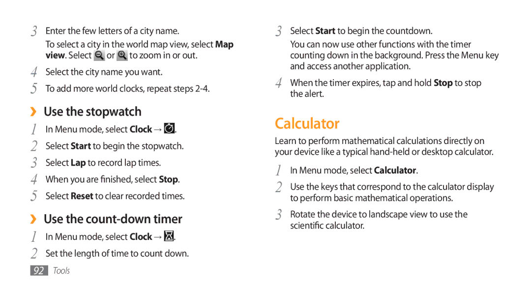 Samsung GT-S5753PWEXXV, GT-S5753TIEXEV, GT-S5753TIEXXV manual Calculator, ›› Use the stopwatch, ›› Use the count-down timer 