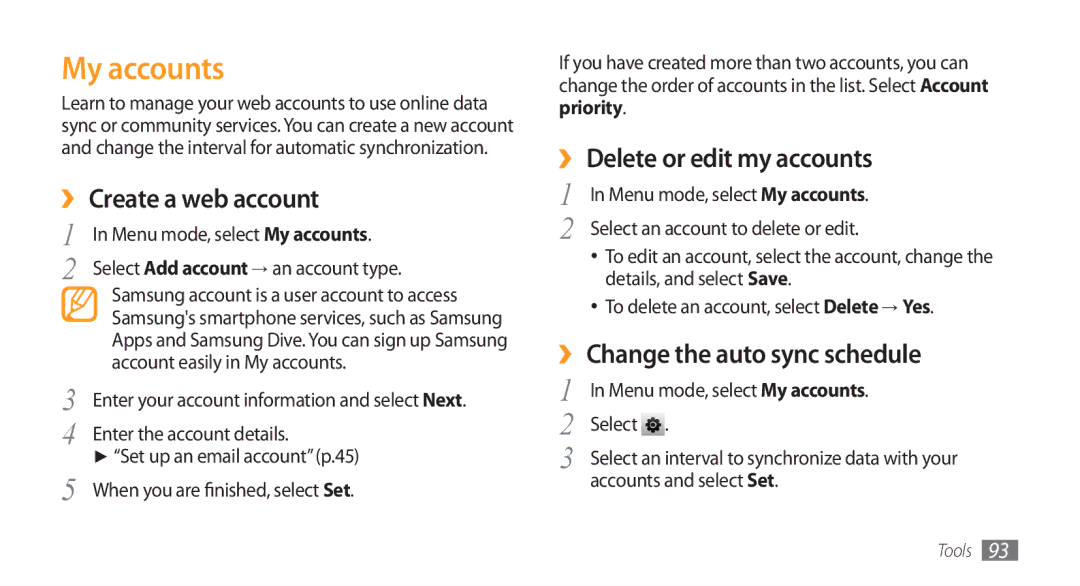 Samsung GT-S5753HKEXXV, GT-S5753TIEXEV, GT-S5753TIEXXV My accounts, ›› Create a web account, ›› Delete or edit my accounts 