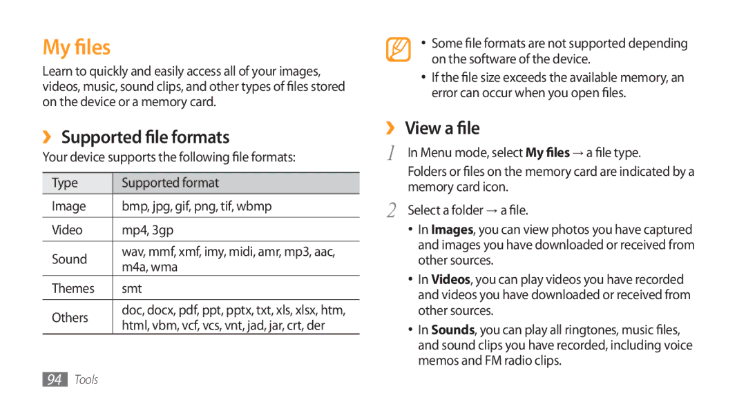 Samsung GT-S5753HKEXEV, GT-S5753TIEXEV My files, ›› Supported file formats, ›› View a file, M4a, wma, Themes Smt Others 