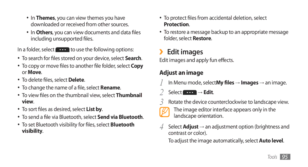 Samsung GT-S5753TIEXEV, GT-S5753TIEXXV, GT-S5753PWEXEV, GT-S5753PWEXXV manual ›› Edit images, Adjust an image, → Edit 